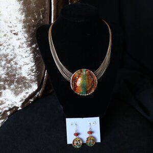 Medallion Necklace Gold Tone Wires Burnt Orange Yellow Mint + Drop Earring Set